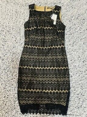 Tahari Black Lace Dress Women's 10 Elegant Sheath Lined Sleeveless Cocktail